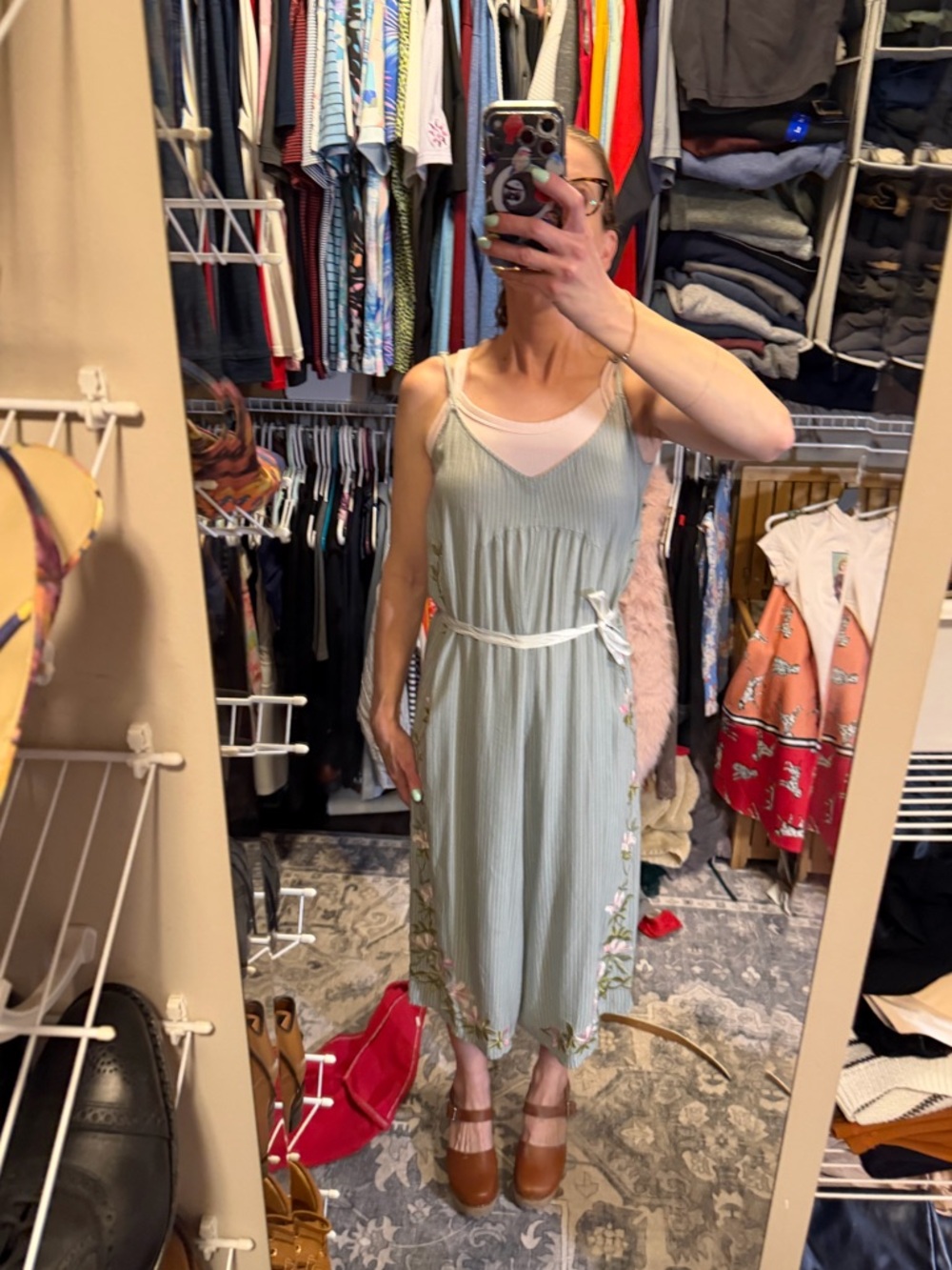 Anthropologie Light Sage Green Embroidered Midi Slip Dress